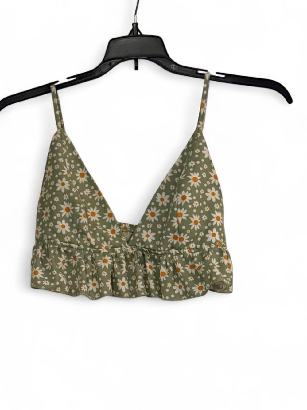 SHEIN Olive Green Daisy Print Ruffle Hem Crop Cami